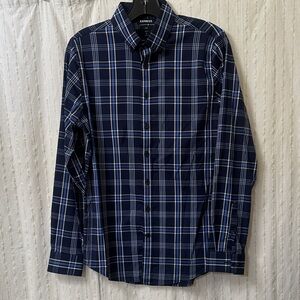 Express Men's Navy and White Checkered Shirt